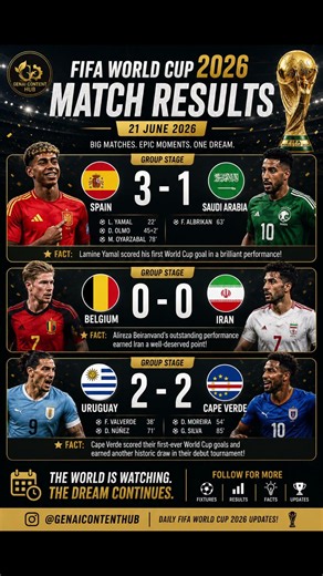 Spain 4-0 Saudi Arabia | Belgium 0-0 Iran | Uruguay 2-2 Cape Verde #Shorts #fifaworldcup2026 #fifa