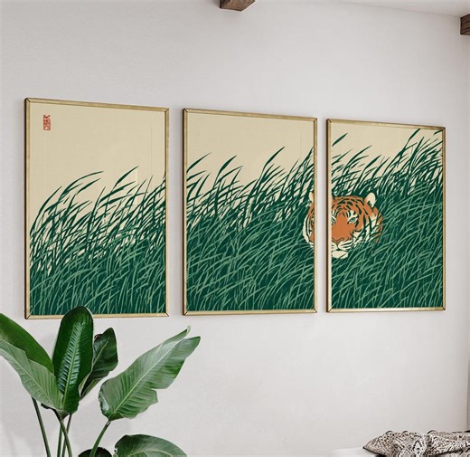 Green Tiger Jungle Wall Art Set of 3 Posters | Wildlife Botanical Decor - Etsy