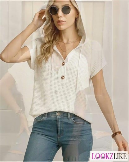 Drawstring Waffle Knit Short Sleeve Hoodie