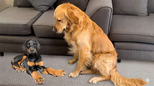 Golden retriever meets new puppy sister first week together