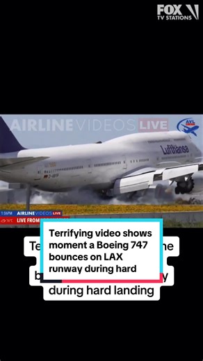 TERRIFYING: A chilling video captured the dramatic moment a Lufthansa Boeing 747 aircraft carrying 345 peoe bounced on the runway at Los Angeles International Airport during a hard landing earlier this week. #boeing737 #boeing #lax #la #fyp #airplane #plane #ca #caughtoncamera