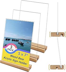 3 Pack Acrylic Sign Holder with Wood Base, L/T Shape Wood Sign Holder Vertical or Slant Back Display for Card, Wedding, Restaurant, Store, Office, Hotel, Table Menu (Natural, 5x7 inch)