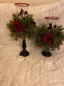 Christmas Cardinal Candle Holder Centerpiece Set Holiday Glass Hurricane With Pine Red Berries Faux Evergreen Winter Table Floating Candles - Etsy