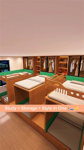 MK.craft_house on Instagram: "Small Space, Smart Design! 🛏️✨ Ultimate Kids Room Transformation | Study + Storage + Style in One! ✅ DIY Bed Setup ✅ Wardrobe Storage ✅ Long Study Desk ✅ Hidden Storage Hacks ✅ Perfect for Growing Kids! Transform your kids’ messy room into an organized, multi-functional space without wasting a single inch! This 6-bed setup blends comfort, storage, and style—ideal for shared rooms or joint family homes. #KidsRoomMakeover #InteriorDesign #SpaceSavingIdeas #RoomTransf