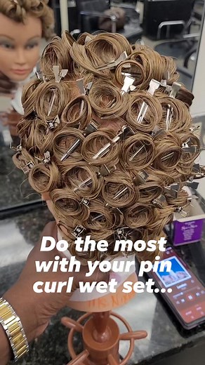 Do the most with your pin curl wet set . Create this look with no stem , open center pin curls , bricklay square base with stand up curls on the top. #msnenestylez #cosmetologyinstructor #cosmetologystudent #cosmetologyschool #pincurls | Ms.NeNe Stylez