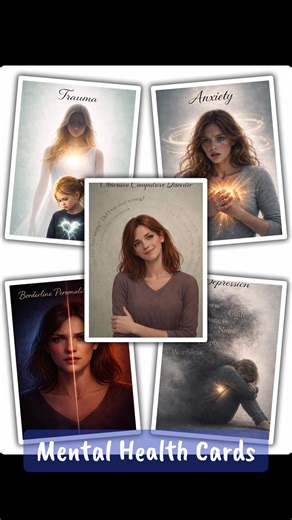 What if the parts of you labeled “too much” were actually asking to be understood? This mental health affirmation and awareness deck explores the lived emotional experiences behind trauma, anxiety, depression, borderline personality disorder, and obsessive compulsive disorder through visually striking, symbolic artwork and compassionate reflection. Each card blends evocative imagery with emotional truth — a glowing heart fractured by lightning, swirling thoughts of anxiety, the heavy shadow of d