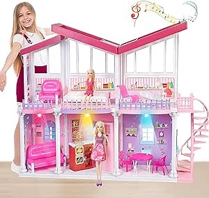 Large Doll House with 11.5 Inch Dolls, 2-Story Dollhouse w/Plastic Walls, Lights, Stairs, Large Furnitures & Accessories, Playhouse Gift for 3 to 12 Year Olds Girls Kids