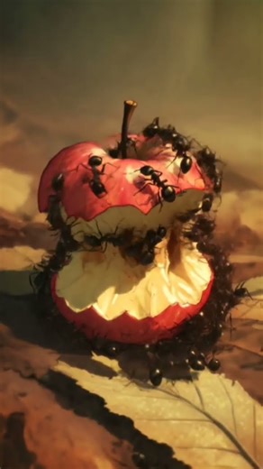 A lot of ants and eat an apple until it's finished