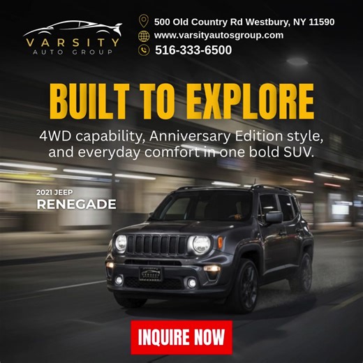 The 2021 Jeep Renegade at Varsity Auto Group brings legendary 4WD capability, bold signature styling, and everyday comfort into one unstoppable SUV. Built for Long Island roads. Ready for wherever you’re headed next. Inquire today. 📍 500 Old Country Road, Westbury, NY 🌐 www.varsityautosgroup.com #WestburyNY #JeepRenegade #VarsityAutoGroup #LongIslandSUV #AdventureStartsHere