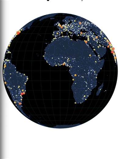 Ziua 37. Locuri populate pe Pământ 🌐 Cum poți vizualiza tiparele globale ale așezărilor fără ca granițele politice să dicteze povestea? Această vizualizare, construită cu D3.js și randată pe canvas, arată locurile populate folosind două variabile simple: dimensiunea cercului indică populația, iar luminozitatea reflectă rangul urban. Eliminând granițele statelor, structura așezărilor devine vizibilă în termenii ei proprii. Pentru interacțiune rapidă, selecția orașelor folosește un index spațial