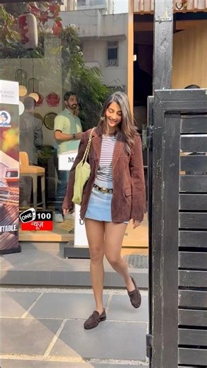 Pooja Hegde raises temperature in brown suede jacket, striped crop & denim mini skirt🔥 #poojahegde