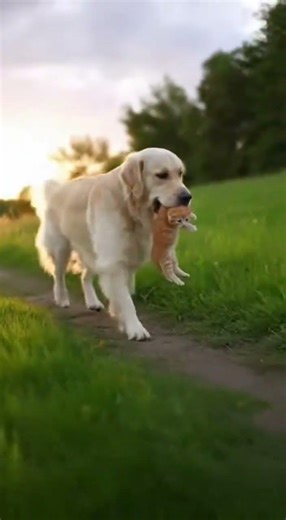 Dog Carries Kitten Like A Lion Carrying It's Pups 🦁 #dogsofinstagram #goldenretriever #cat #shorts