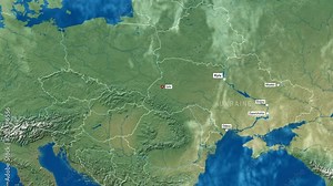 Map of Europe zooms in to show Ukraine and its neighboring countries, with the city of Lviv blinking on the map as a point of interest. The video highlights the location and geography of Lviv region.