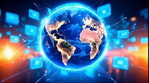A glowing blue globe with continents outlined in orange, surrounded by a network of lines and blue squares in an abstract background.