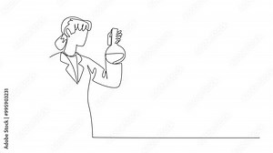 Self drawing animation of single line drawing female scientist holding test tube and measuring flask. Working in the lab. Testing to develop vaccines. Celebrate Scientists Day. Full length animated