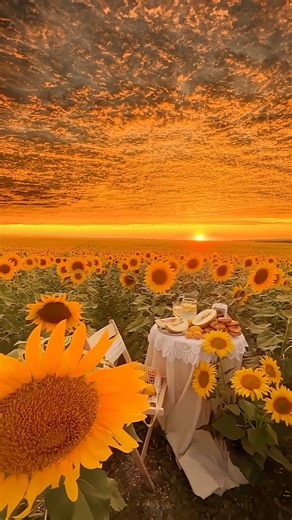 Sunset | Nature on Instagram: "A dreamy sunset picnic ☀️ in a vast sunflower field, bathed in golden hues ✨, radiating warmth, romance ❤️, and tranquility ️"