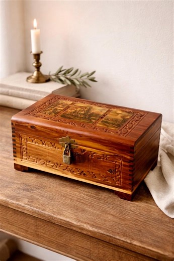 Vintage Cedar Keepsake Box, Carved Cottage Scene Lid, Brass Lock Jewelry Chest - Etsy