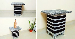 DIY Side Table From Cardboard And Plastic Bottles