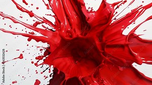 Vibrant red paint explodes across a white surface, creating a dynamic burst of color. Intense crimson hues radiate from a central point.