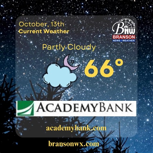 Well, we had a little bit of light rain during our late morning hours and skies gradually became partly cloudy this evening. Temperatures managed to climb into the upper 70s this afternoon. Currently in Branson, it's 66° under partly cloudy skies. Overnight: Partly cloudy skies expected expected for most of our overnight hours. Clouds will be on the increase by our early morning hours. Looking ahead to Tuesday, skies look to become partly to mostly sunny skies with highs in the low 80s. As a hea