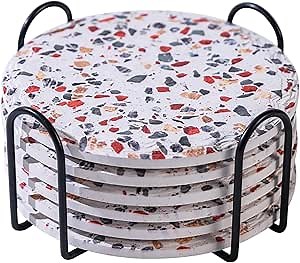 Coasters with Holder Set of 6, Absorbent Marble Drink Decorative Coasters for Coffee Cup Beverage Wine Beer Bar Housewarming