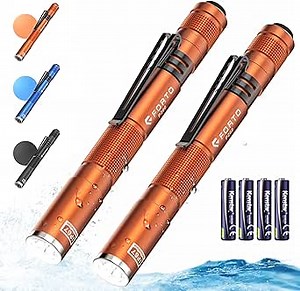FORTO LED Pen Light, 200 Lumens Pocket Flashlight, IP67 Waterproof, 2 Modes, 2 Pack with AAA Batteries, Lightweight & Durable for Inspection, Medical Use, Emergency(Orange)