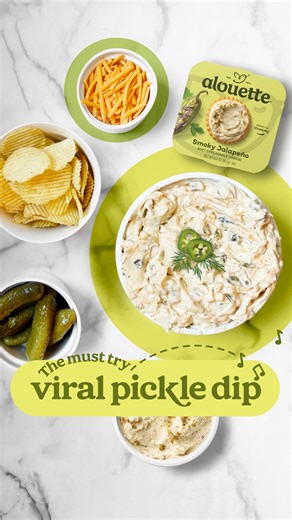 Make the viral pickle dip with alouette 💚 all your pickle snacking dreams come true in the perfect resealable ramekin to enjoy some extra snacking tomorrow, if there is any left 🤭 All you need is: • alouette Smoky Jalapeño Soft Spreadable cheese (also incredible with alouette Garlic Herbs!) • Garlic dill pickles pickle juice • Cheddar cheese • Buffalo hot sauce • Chips or crackers for dipping How to make: Add 1 full ramekin of alouette Smoky Jalapeño Soft Spreadable cheese to a bowl. Chop up y