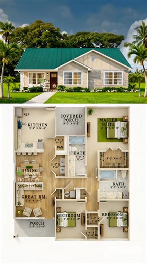 🌿A well-balanced 3-bedroom layout featuring a spacious great room, open dining area, functional kitchen with pantry, and a private master suite with walk-in closet and bath. Perfect for comfortable family living.💚 Overall size: approx. 12.00m x 11.00m • Great Room – 12'-4" x 19'-0" • Dining – approx. 12'-4" x 10'-0" • Kitchen – 12'-4" x 14'-4" • Master Suite – 12'-10" x 13'-0" • Walk-in Closet – 9'-0" x 6'-0" • Master Bath – 9'-0" x 8'-9" • Bedroom 2 – 9'-0" x 11'-10" • Bedroom 3 – 9'-0" x 11'