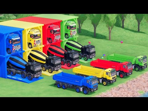 Trucks With COLORS - MERCEDES MIXER TRUCK and MAN DUMP TRUCK with MERCEDES FLATBED TRAILER TRUCK