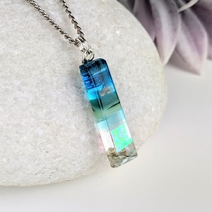 Aqua Turquoise Blue Seascape, Fused Glass Ocean Beach Seaglass Look Necklace, Dichroic Aquascape Pendant - Etsy