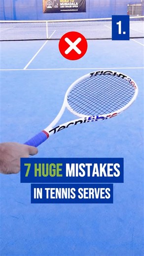 Mistakes: ⬇️ 1. Forehand grip – This grip prevents you from using long axis rotation for extra power during the serve, as well as properly serving a kick or slice serve. 2. Foot around – While there are exceptions, “foot around” will cause your hips to be at the wrong angle in relation to the baseline, which often leads to overrotation. 3. No coil – To avoid this hip position, make sure to coil and sit into your back hip. 4. Elbow forward – Your elbow and chest should be facing upward to ensure 