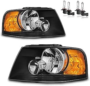 Headlights Assembly for 2003-2006 Ford Expedition Headlamp Replacement Black Housing Amber Reflector Driver & Passenger Side