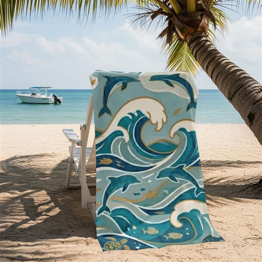Dolphin Beach Towel, Ocean Waves Art, Sea Turtle and Fish Design, Vibrant Marine Life Pool Towel, Nautical Beach Blanket, Coastal Summer - Etsy