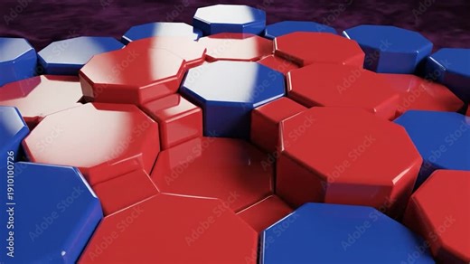 Abstract arrangement of red and blue hexagonal blocks creating a dynamic