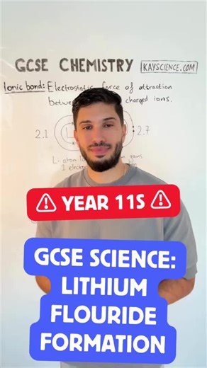 Ionic Bonding in Lithium Fluoride ⚡ GCSE Chemistry in Under 30 Seconds In lithium fluoride, lithium loses one electron to form a Li⁺ ion and fluorine gains one electron to form an F⁻ ion. The oppositely charged ions attract, forming a strong ionic bond in a giant ionic lattice. This example is commonly used in GCSE Chemistry to test bonding, ions, and electron transfer. Miss this and you lose easy marks. 🔥 For TOP GCSE grades, full lessons & online tuition 👉 https://kayscience.com/ #GCSE #GCSE