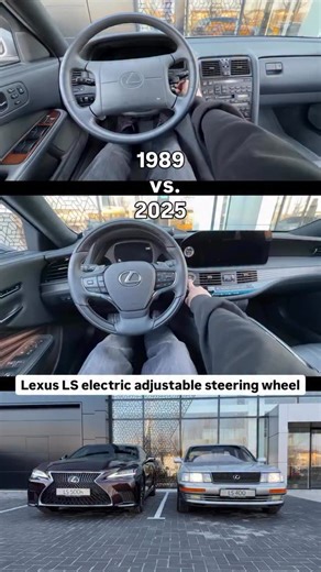 Then vs. Now: Lexus LS, 1989 vs. 2025. Electrically adjustable with tilt away for easy entry / exit. Pictured here: Lexus LS 400 and Lexus LS 500 h. First ever Lexus model to be produced and the last LS limousine generation ever to be produced. | Car Selection