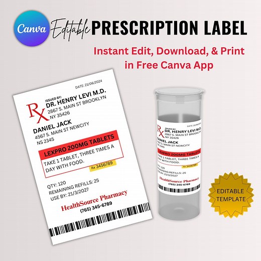 Editable Prescription Label Template | Pill Bottle Label | RX Label | | Custom Prescription Label | Supplement Labels | Canva Editable - Etsy