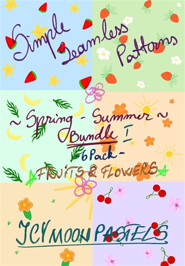 Simple Hand-Drawn Colorful Digital Patterns (Digital Download) | Fruits Flowers Seamless Pattern Bundle
