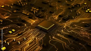 Abstract Artificial Intelligence on Atomic and Technology Background with Computer Systems Circuit Boards. Ai chipset on circuit board in futuristic concept suitable for future technology artwork