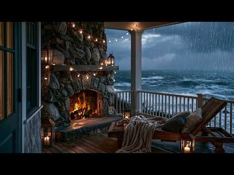 Stormy Ocean Patio | Heavy Rain, Crackling Fireplace & Severe Thunderstorm For Focus , Sleep
