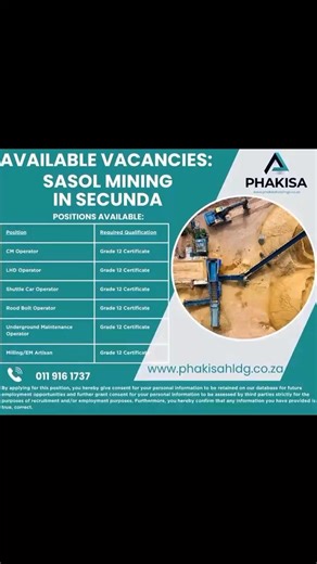 163K views · 706 reactions | Phakisa Holdings are currently seeking Mining Operators for Sasol Mining in the Secunda area. E-mail your CV and supporting documents to secunda.cv@phakisahldg.co.za | Precious Mkhatshwa | Facebook