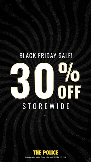 This Black Friday, celebrate the unmistakable sound of The Police with 30% off sitewide.✨ Find gifts that honor the band's influential music and bring their classic hits into your holiday season. Some exclusions apply. Shop now and make this season unforgettable: https://bit.ly/ThePoliceGiftGuide | The Police