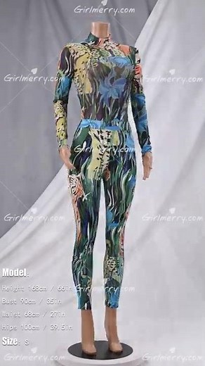 New stylish batch printing mesh see through bodysuit with pants stretch autumn sexy DA001719