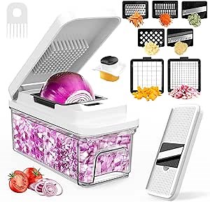 Vegetable Chopper: 10 in 1 Food Chopper - Onion Vegetable Slicer Cutter Dicer, Veggie Cutter with Container, 7 Blades, Kitchen Gadgets for Carrot Salad Garlic Potato Slicer