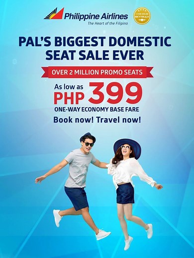 Catch Philippine Airlines’ BIGGEST DOMESTIC SEAT SALE EVER! Over 2 million seats are up for grabs for as low as PHP399 one-way Economy base fare for domestic flights. BOOK NOW! TRAVEL NOW! Booking period is from June 28 to July 7, 2019. Travel period is from July 1 to December 12, 2019. Click here to learn more: https://bit.ly/2ZUIcKb CAB Approval No. 0643-02-21-s.2019 | ASC P090P051719P | Philippine Airlines
