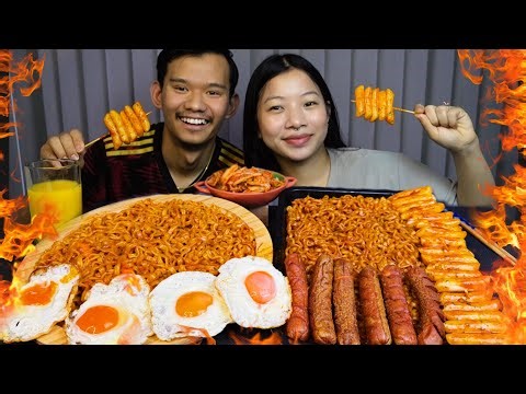 VOLCANO SPICY 🌶️ NOODLES, CARBONARA NOODLE, RICE CAKE , SAUSAGE AND EGG #yanieats #couplemukbang