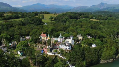 Drone Flight Over Portmeirion: Mysterious Welsh Coastal Village