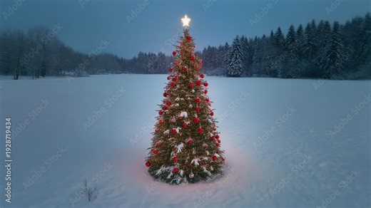 空撮で捉えた雪原に佇む巨大クリスマスツリーが静かに映える冬の絶景