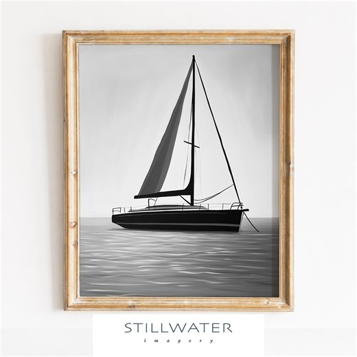 Monochrome Oil Painting, Sailboat Wall Art Print, Digital Nautical Decor, Grayscale Boat Art, Modern Ocean View, Digital Downloadable Art - Etsy