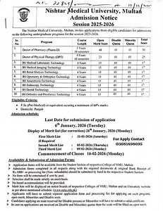Nishtar medical university new admission |Pharm -D| DPT |BS MLT |BS optometry |BS Anesthesia |BS RDT